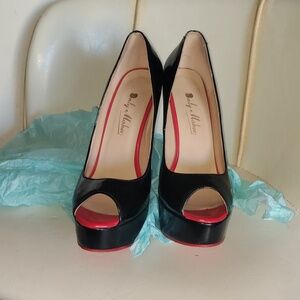 Black Platform Peep-Toe Stiletto "6"Heels with Red Sole.